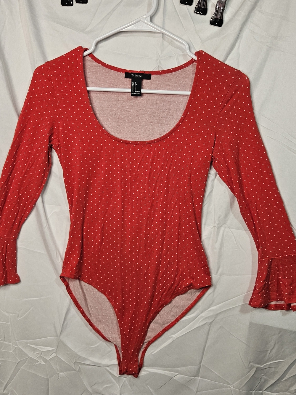Forever 21 Red Pin Dot Bodysuit Flared Trumpet Sleeve Scoop Neck Size Small